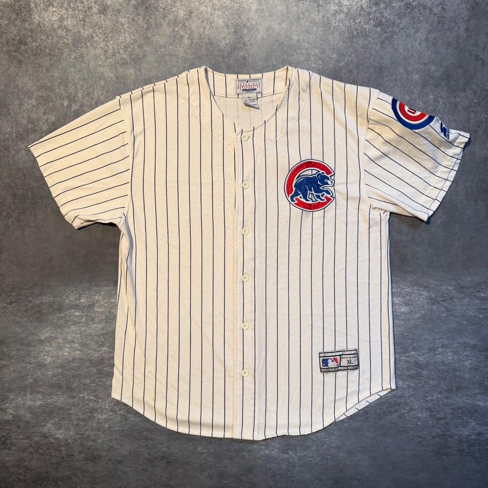Vintage Starter Chicago Cubs Pinstripe Baseball Jersey Mens XL Cream Blue MLB